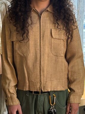Vintage Hercules Outerwear By Sears Tan Silk & Tweed Utility Zip Jacket